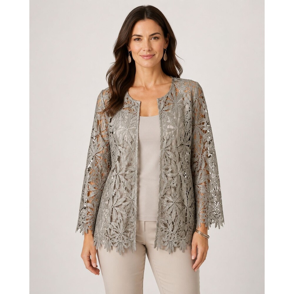 Chico's Travelers Lace Jacket Smoke Taupe Floral Cutout Size L NWT